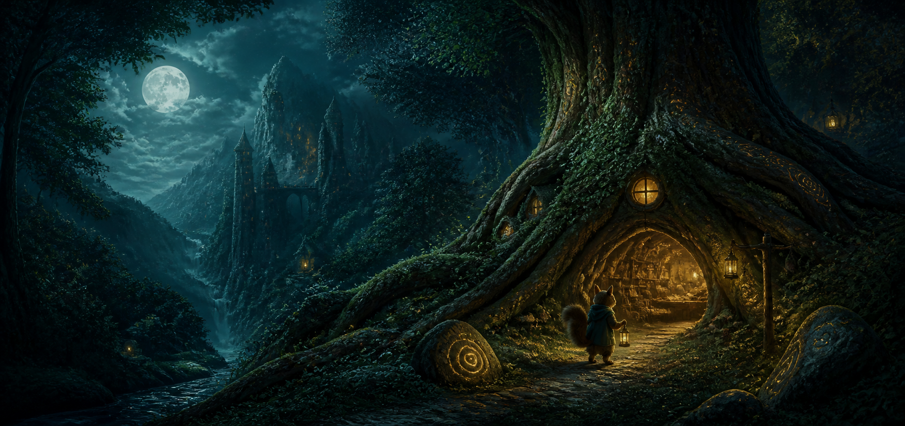 A lantern-bearing squirrel approaches a welcoming burrow beneath an ancient oak